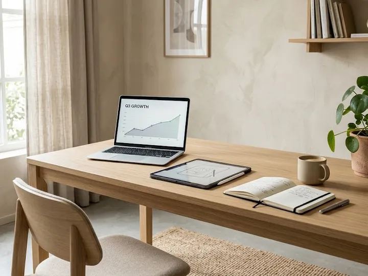Mesa de trabalho com produtos de tecnologia e bem-estar
